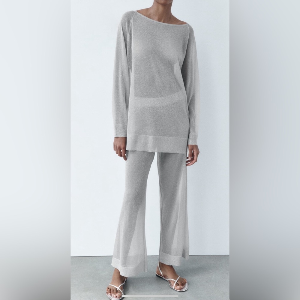 Zara Silver Metallic Thread Knit Sweater S